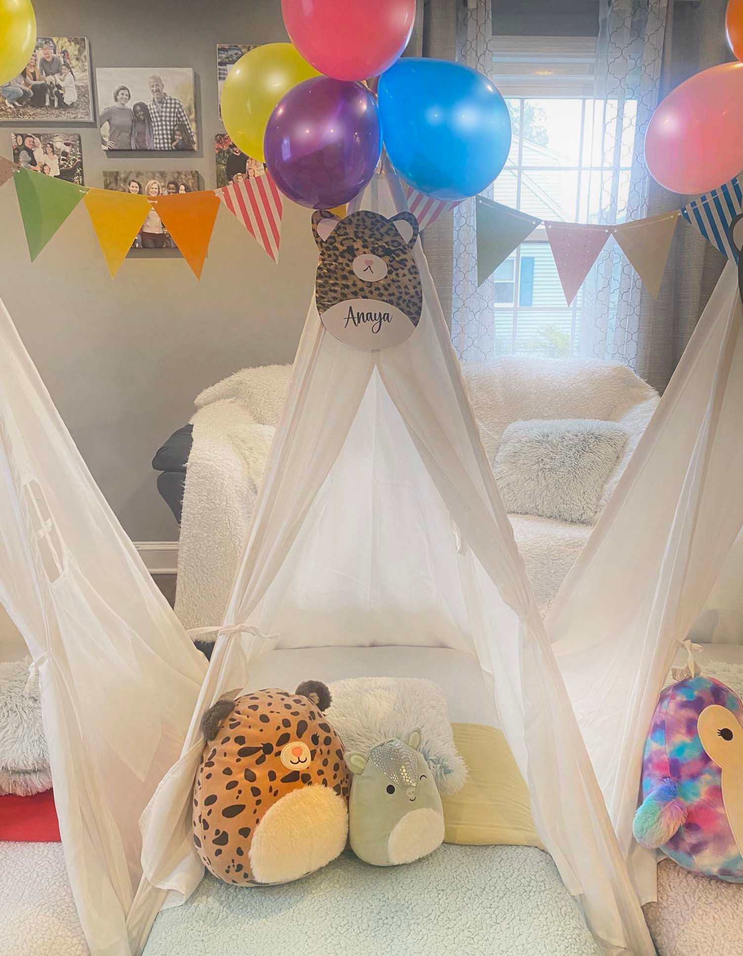 Squishmallow themed party, with teepees squishmallow decorations, and